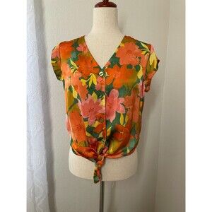 DR2 Floral Satin Button Front Blouse Size Small Bright Retro Print Tie Hem Top